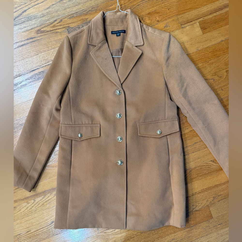 Boston Proper Camel Pea Coat with Silver Buttons